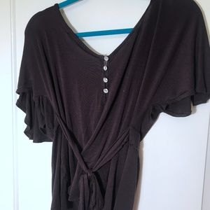 Crystal button back flutter sleeve tiewaist blouse